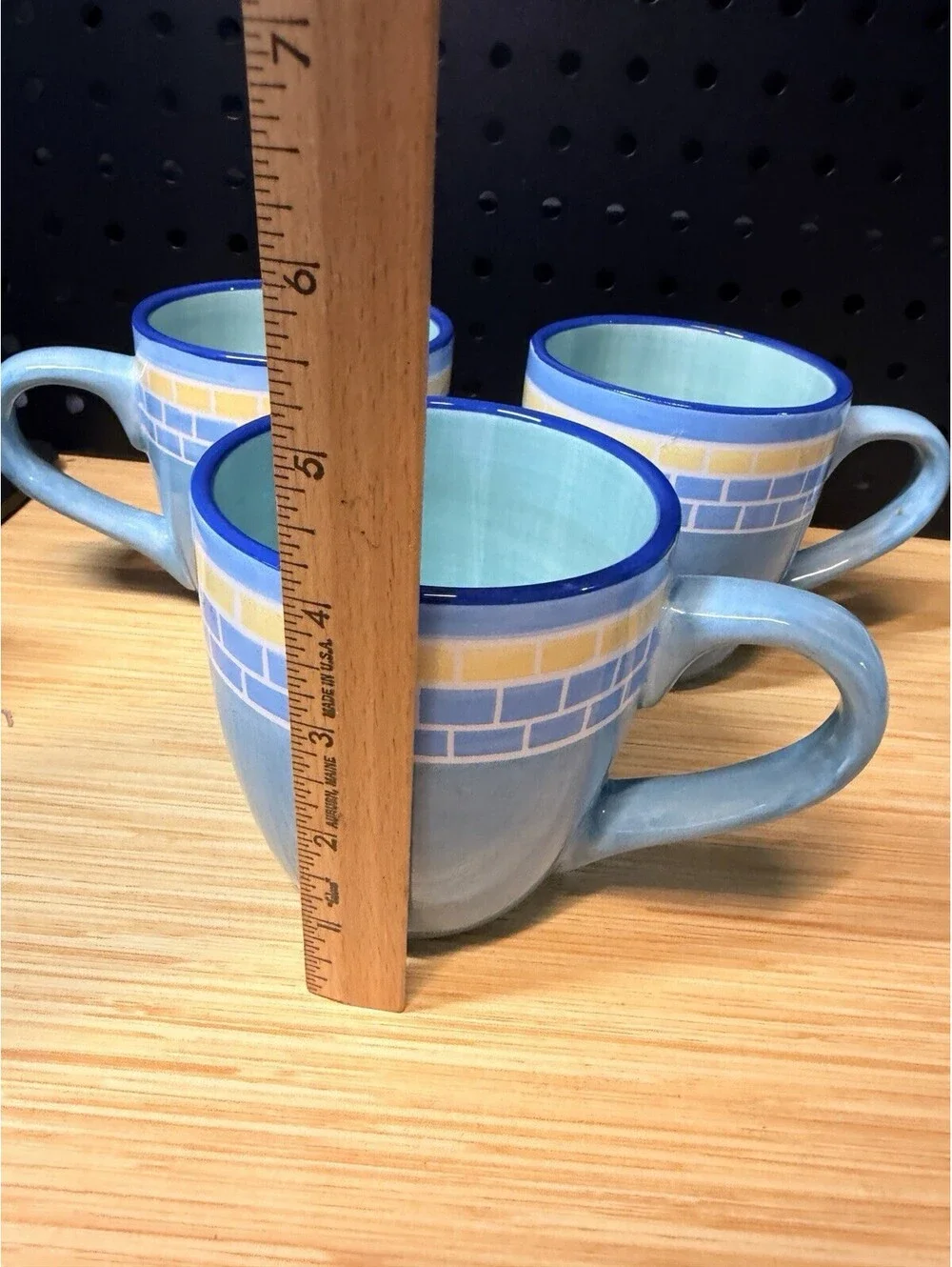 K.I.C. Brushes Hand Painted Coffee Mugs (4) Brown White Teal Stonemite